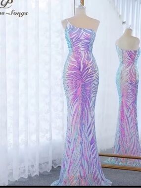 Sequin One-Shoulder Mermaid Dress in Iridescent Lavender-Pink